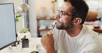Buy stock photo Computer, reading or man with glasses in remote work for newspaper article, report information or research. Freelancer, thinking and journalist with online info, news or review for journalism in home