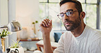 Glasses, man and remote work on technology for finance, online investment or portfolio management. Reflection, stock market or trader with freelance broker in home to research economic trends or info