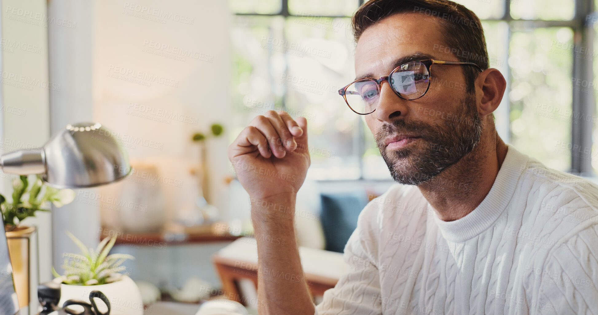 Buy stock photo Glasses, man and remote work on technology for finance, online investment or portfolio management. Reflection, stock market or trader with freelance broker in home to research economic trends or info