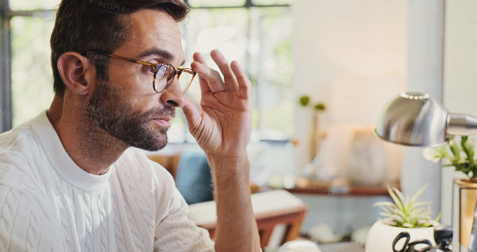 Buy stock photo Glasses, reading and man in office with report for client feedback, review or planning for project. Spectacles, freelancer and professional creative journalist working with research for magazine.