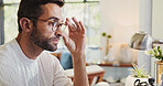 Glasses, reading and man in office with report for client feedback, review or advice on project. Spectacles, freelancer and professional creative journalist working with online article for magazine.