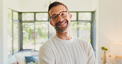 Buy stock photo Smile, confident and portrait of man in home with weekend, leave or free time in living room. Happy, pride and face of male person from Australia with positive attitude, relax or peace in house.