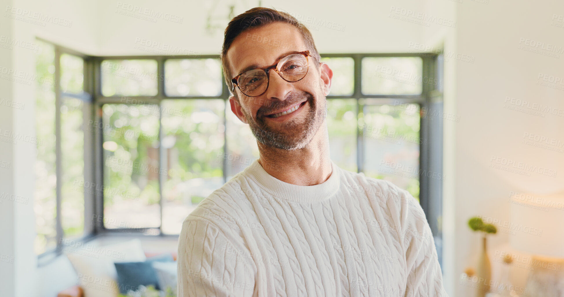 Buy stock photo Smile, confident and portrait of man in home with weekend, leave or free time in living room. Happy, pride and face of male person from Australia with positive attitude, relax or peace in house.