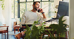 Remote work, computer and man with phone call for networking, discussion and planning with news source. Freelancer, male journalist and mobile with tablet for article questions, information and home
