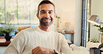 Portrait, smile and man in house, confident or ambitious for graphic design in living room or creative. Remote work, web designer and mature person in home, happy or inspiration for project in lounge