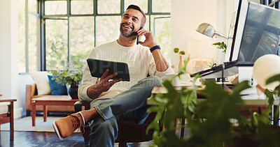 Buy stock photo Remote work, tablet and man with phone call for networking, discussion and planning with news source. Freelancer, male journalist and mobile with smile for article questions, information and home