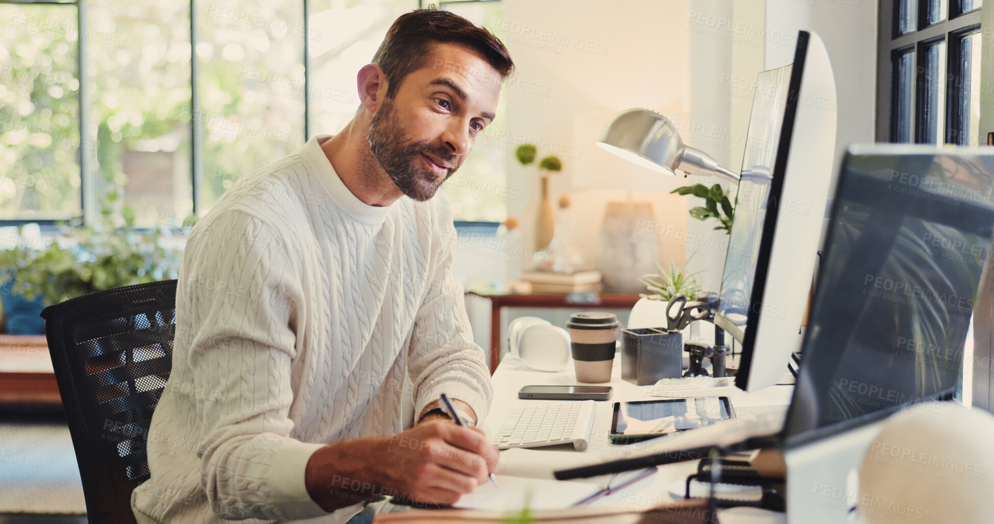 Buy stock photo Business, laptop and man with notes in home office for startup proposal planning, administration and information. Remote work, web design and entrepreneur with agenda planner for research or schedule