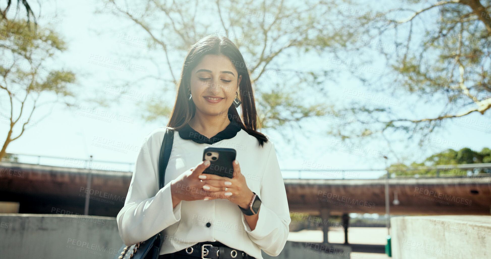 Buy stock photo Outdoor, businesswoman and connection with smartphone for travel map, location and chat on social media. Walking, female consultant and tech with mobile for application, navigation or text to contact