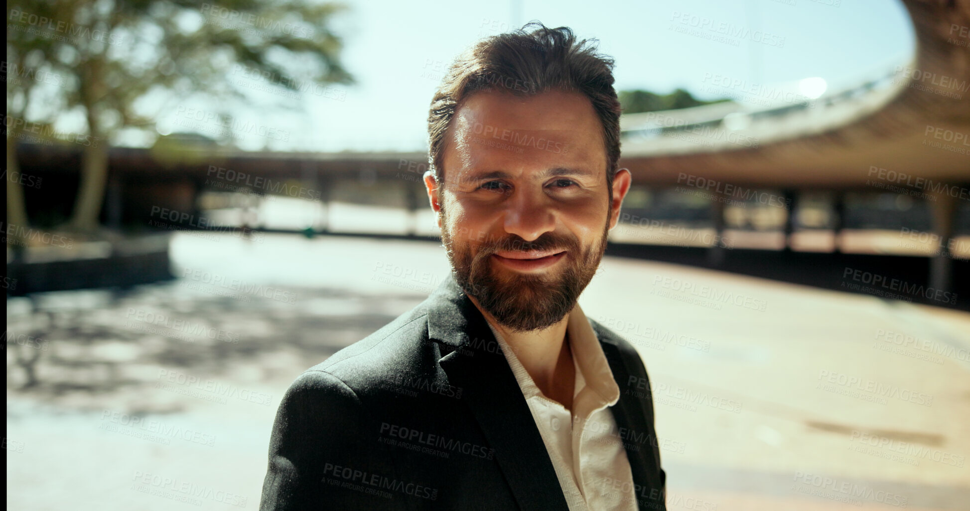 Buy stock photo City, businessman and portrait with smile for travel, commute and lawyer with confidence in morning. Outdoor, male person and attorney with happiness for career, legal aid and journey to workplace