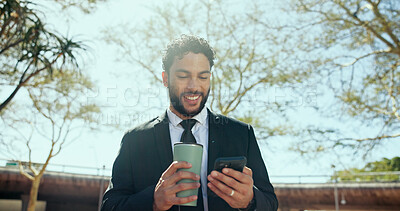 Buy stock photo Businessman, phone and coffee in city, texting and happy with notification, chat or outdoor on commute. Person, low angle and smile with contact for deal, networking or email on sidewalk in Colombia
