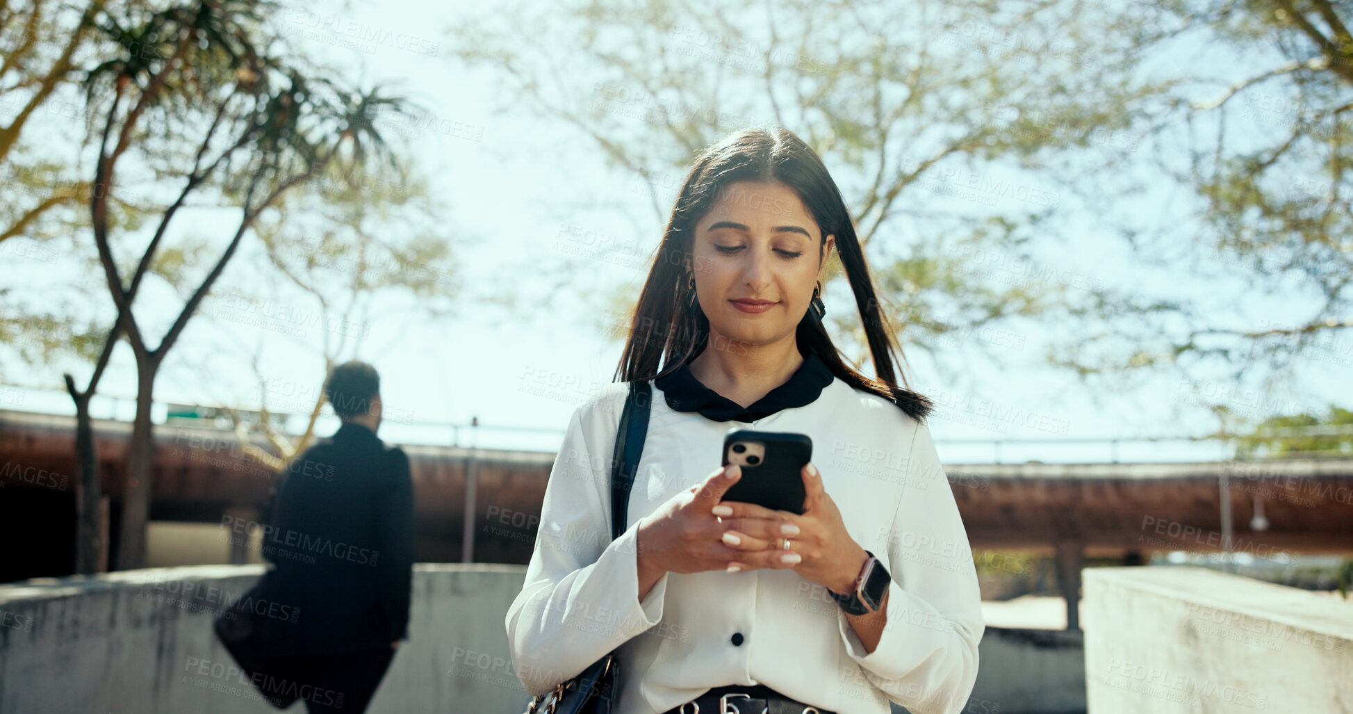 Buy stock photo Outdoor, businesswoman and connection with mobile for travel map, location and chat on social media. Walking, female consultant and tech with smartphone for application, navigation or text to contact