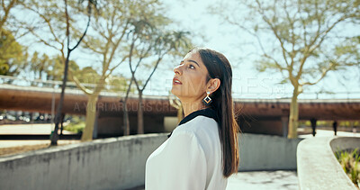 Buy stock photo Business, travel and woman in city, thinking and daydreaming with break, wonder and writer. Person, employee and magazine editor in street, appointment and decision with choice, ideas and commute