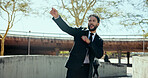 Dancing, smile and business man with celebration, success and happy from deal and achievement. Employee, morning commute and outdoor in park excited with promotion, win and confident entrepreneur