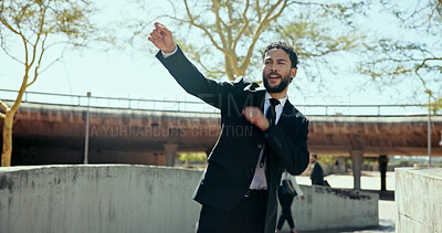 Buy stock photo Dancing, smile and business man with celebration, success and happy from deal and achievement. Employee, morning commute and outdoor in park excited with promotion, win and confident entrepreneur