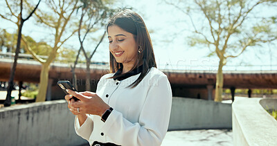 Buy stock photo City, phone and businesswoman typing for networking, communication or contact for finance deal. Cellphone, happy and female investor with email for investment, connectivity or revenue report in town.