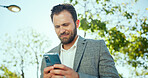 Nature, phone and businessman typing for networking, communication or contact for finance deal. Cellphone, outdoor and male investor with email for investment, profit or revenue report in park.
