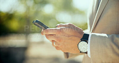 Buy stock photo Hands, cellphone and businessman typing for networking, communication or contact for finance deal. Phone, outdoor and male investor with email for investment, profit or revenue report in park.