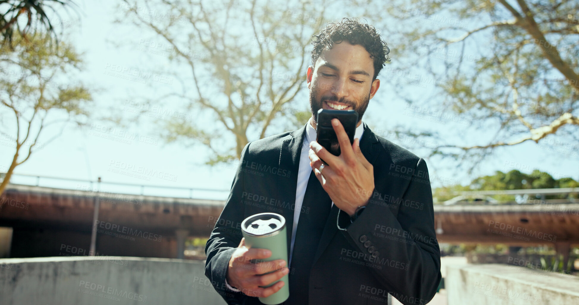 Buy stock photo Outdoor, businessman and connection with mobile for travel map, location and chat on social media. Walking, male consultant and smile with smartphone for application, navigation and text to contact