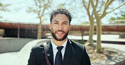 Buy stock photo Travel, businessman and outdoor with smile in portrait, pride and lawyer with confidence in morning. Urban, male person and attorney with happiness for career, legal aid and commute to workplace