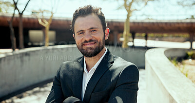 Buy stock photo Outdoor, businessman and happy in portrait for travel, commute and lawyer with confidence in morning. Urban, male person and attorney with happiness for career, legal aid and journey to workplace
