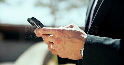 Buy stock photo Closeup, hands and business person with smartphone for travel map, location and chat on social media. Outdoor, employee and digital with mobile for application, navigation and text message to contact