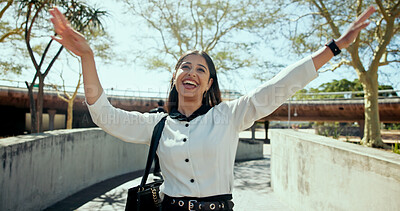 Buy stock photo Dancing, smile and business woman with celebration, success and happy from deal and achievement. Employee, morning commute and outdoor in park excited with promotion, win and confident entrepreneur