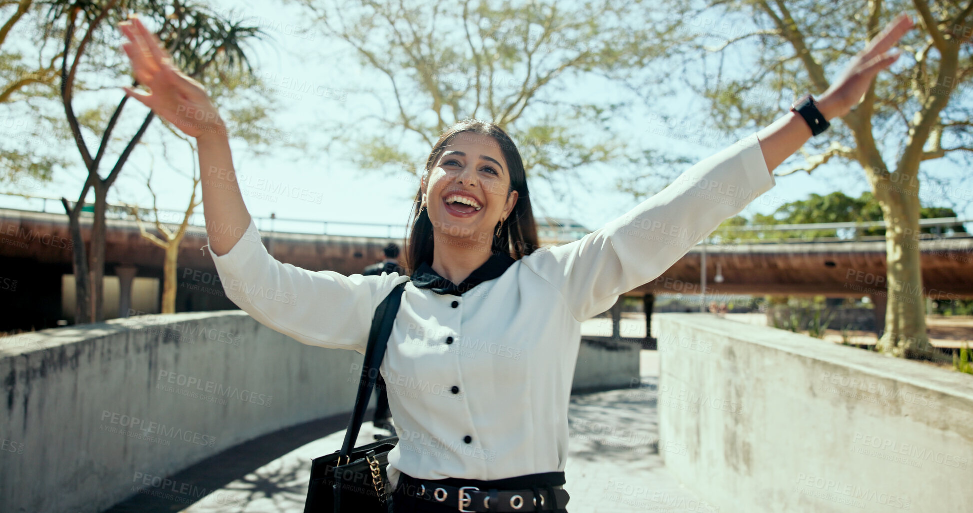 Buy stock photo Dancing, smile and business woman with celebration, success and happy from deal and achievement. Employee, morning commute and outdoor in park excited with promotion, win and confident entrepreneur