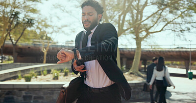 Buy stock photo Outdoor, businessman and hurry with watch for time, morning commute and late for justice meeting. Clock, male lawyer and travel in rush for case schedule, urgent deadline and running to workplace