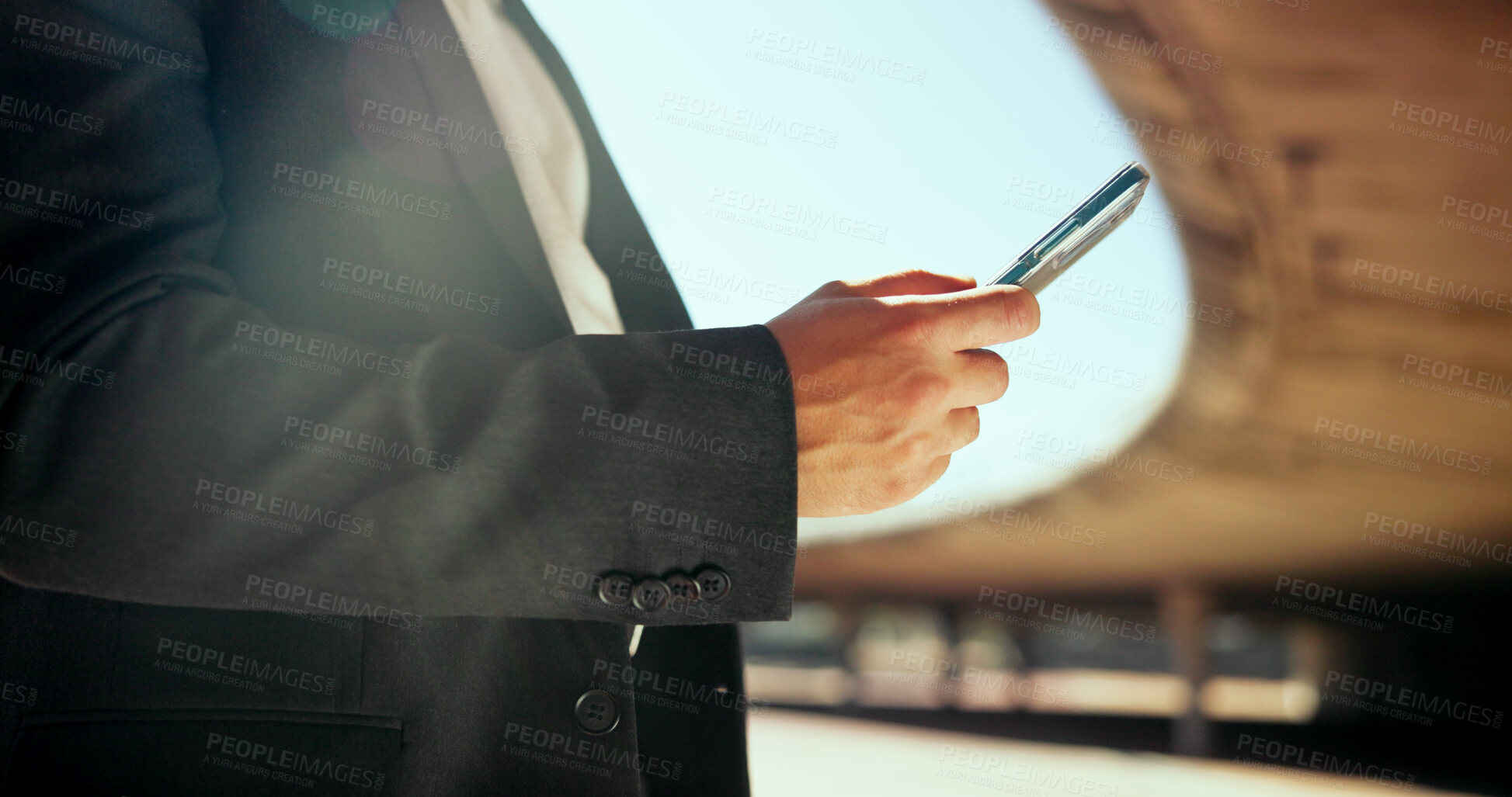 Buy stock photo Business, person and hand in city with phone, connectivity and research for urban development. Investor, man and outdoor with mobile for website, networking and contact with communication for agenda