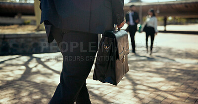 Buy stock photo City, walking and business man with briefcase for morning commute, travel and journey to work. Professional, corporate and worker with bag in urban town for trip for career, job and opportunity