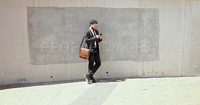 Buy stock photo Wall, businessman and connection with mobile for chat, communication and lawyer with contact. Mockup space, male person and attorney with smartphone for application, case email and message to client