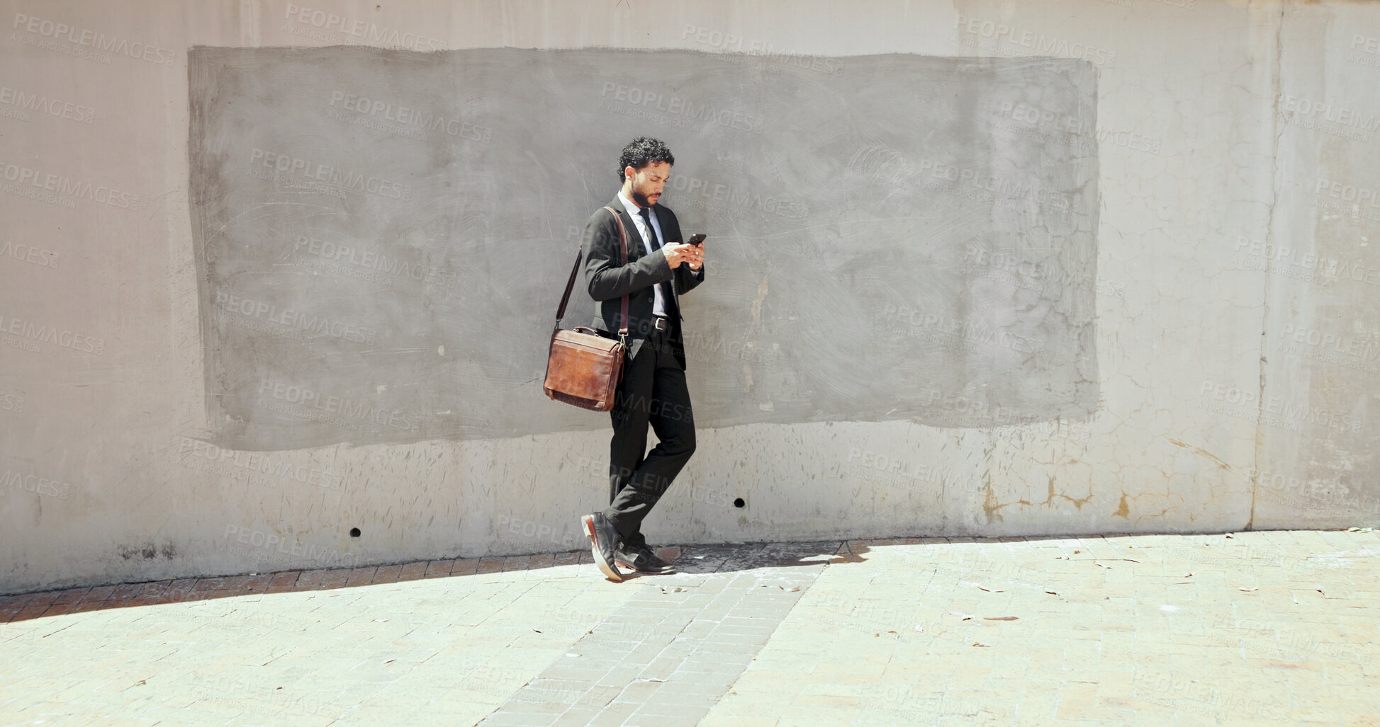 Buy stock photo Wall, businessman and connection with mobile for chat, communication and lawyer with contact. Mockup space, male person and attorney with smartphone for application, case email and message to client