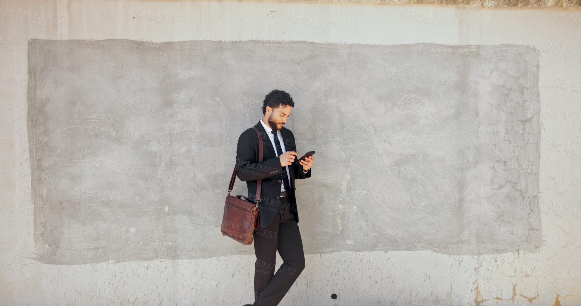 Buy stock photo Wall, businessman and connection with smartphone for chat, communication and lawyer with contact. Mockup space, male person and attorney with mobile for application, case email and message to client