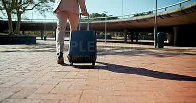 Buy stock photo City, walking and business man with suitcase for morning commute, travel and journey to work. Professional, corporate and worker with luggage in urban town on trip for career, job and opportunity