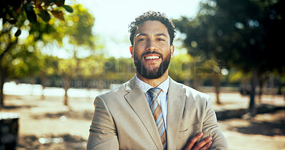 Buy stock photo Portrait, businessman and outdoor with arms crossed for travel, commute and lawyer with smile in morning. Park, male person and attorney with confidence for career, legal aid and journey to workplace