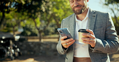 Buy stock photo Outdoor, business and man with smartphone, coffee and internet with social media. Person, mobile user and financial advisor in park, herbal tea or cellphone with email, texting and message to contact