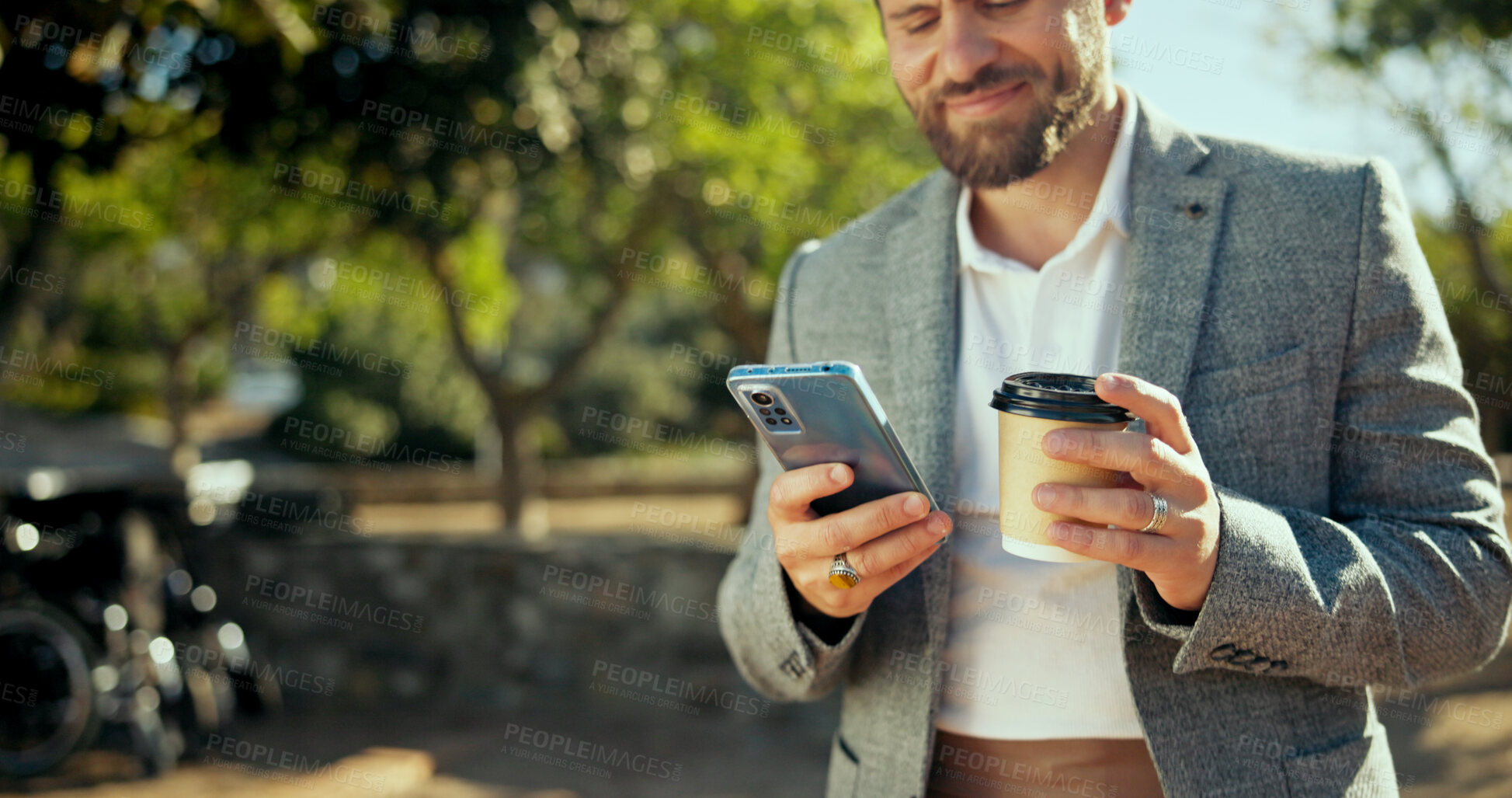 Buy stock photo Outdoor, business and man with smartphone, coffee and internet with social media. Person, mobile user and financial advisor in park, herbal tea or cellphone with email, texting and message to contact
