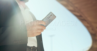 Buy stock photo City, phone and hands of businessman typing for network, communication or contact for finance deal. Cellphone, outdoor and male investor with email for investment, profit or revenue report from below