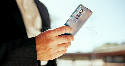 Buy stock photo City, cellphone and hands of person typing for networking, communication or contact for finance deal. Phone, outdoor and business investor with email for investment, profit or revenue report in town.