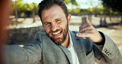 Buy stock photo Selfie, outdoor and business with man, shaka sign and celebration with profile picture. Face, professional and employee with smile, gesture or capture moment with pride, hang loose or career growth