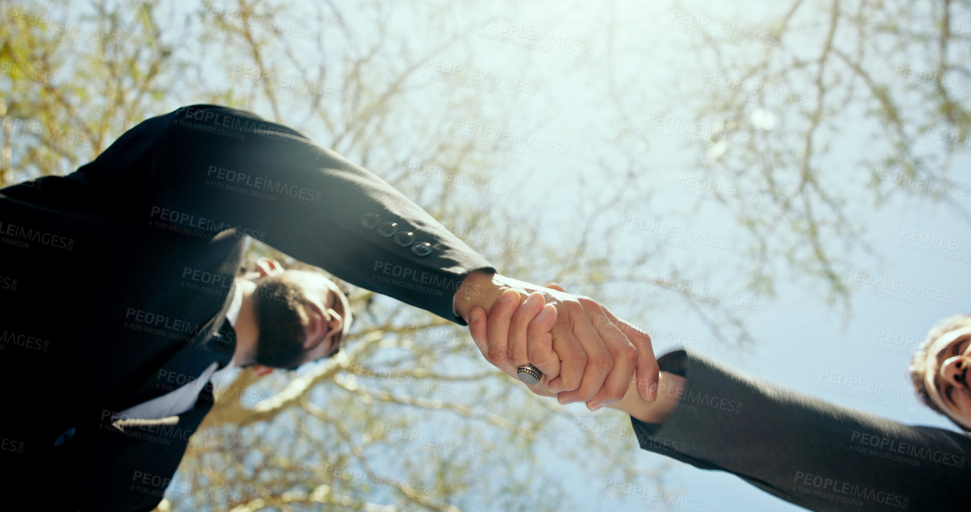 Buy stock photo Shaking hands, outdoor and business men with low angle, agreement and meeting with partner. People, handshake and respect with introduction, welcome and thank you for deal in urban park in morning