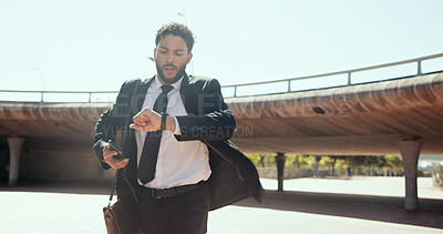 Buy stock photo Outdoor, businessman and rush with watch for time, morning commute and late for justice meeting. Clock, male lawyer and travel in hurry for case schedule, urgent deadline and running with smartphone