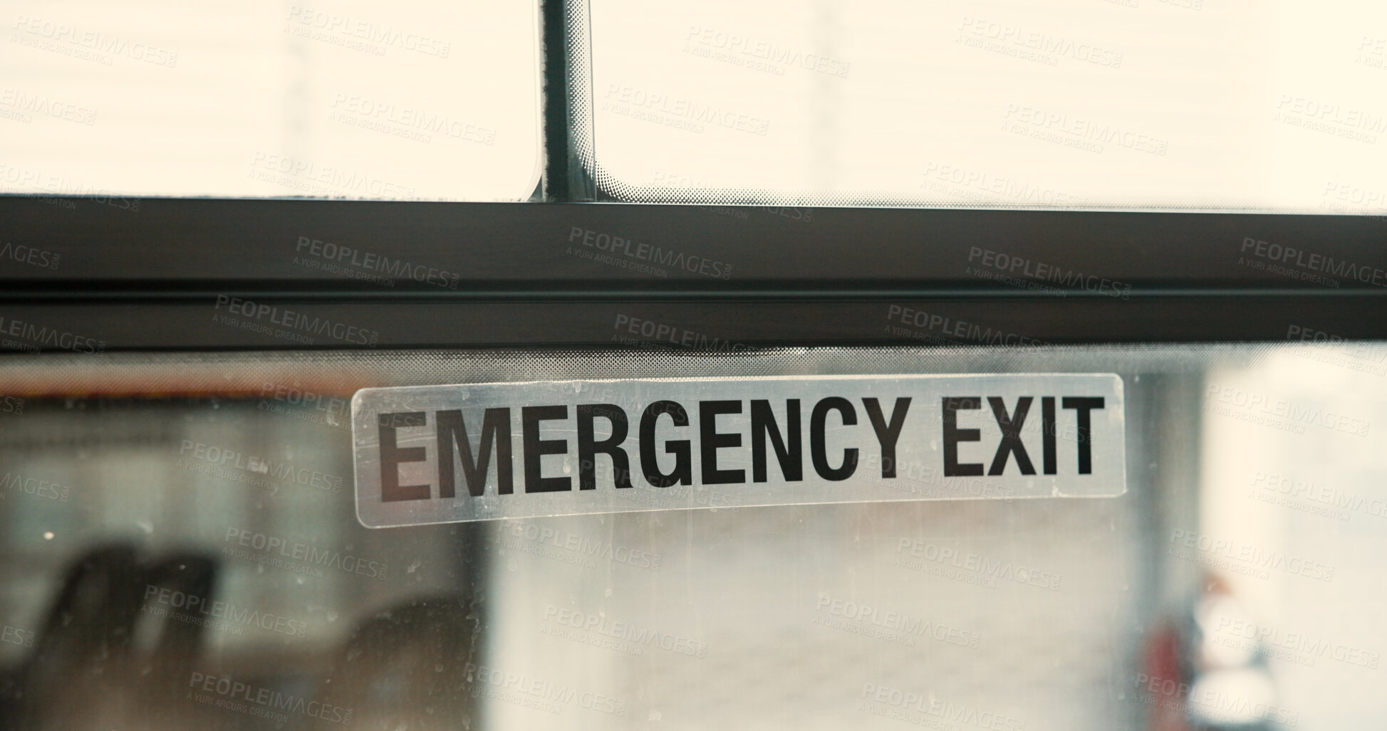 Buy stock photo Bus, window and emergency exit with safety, sign and public transport with words and escape. Empty, vehicle and text with urban commute, travel security and road policy for passenger and city service
