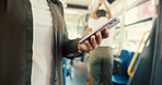 Travel, hands and person with phone on bus for transport schedule, online scroll and morning commute. Mobile app, passenger and smartphone on journey for text message, social media and connection