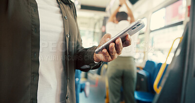 Buy stock photo Travel, hands and person with phone on bus for transport schedule, online scroll and morning commute. Mobile app, passenger and smartphone on journey for text message, social media and connection