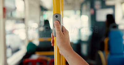 Buy stock photo Button, hand and public transport with person on bus for commute, travel or stop at destination. Location, route and trip with passenger holding railing for balance or stability in transit vehicle