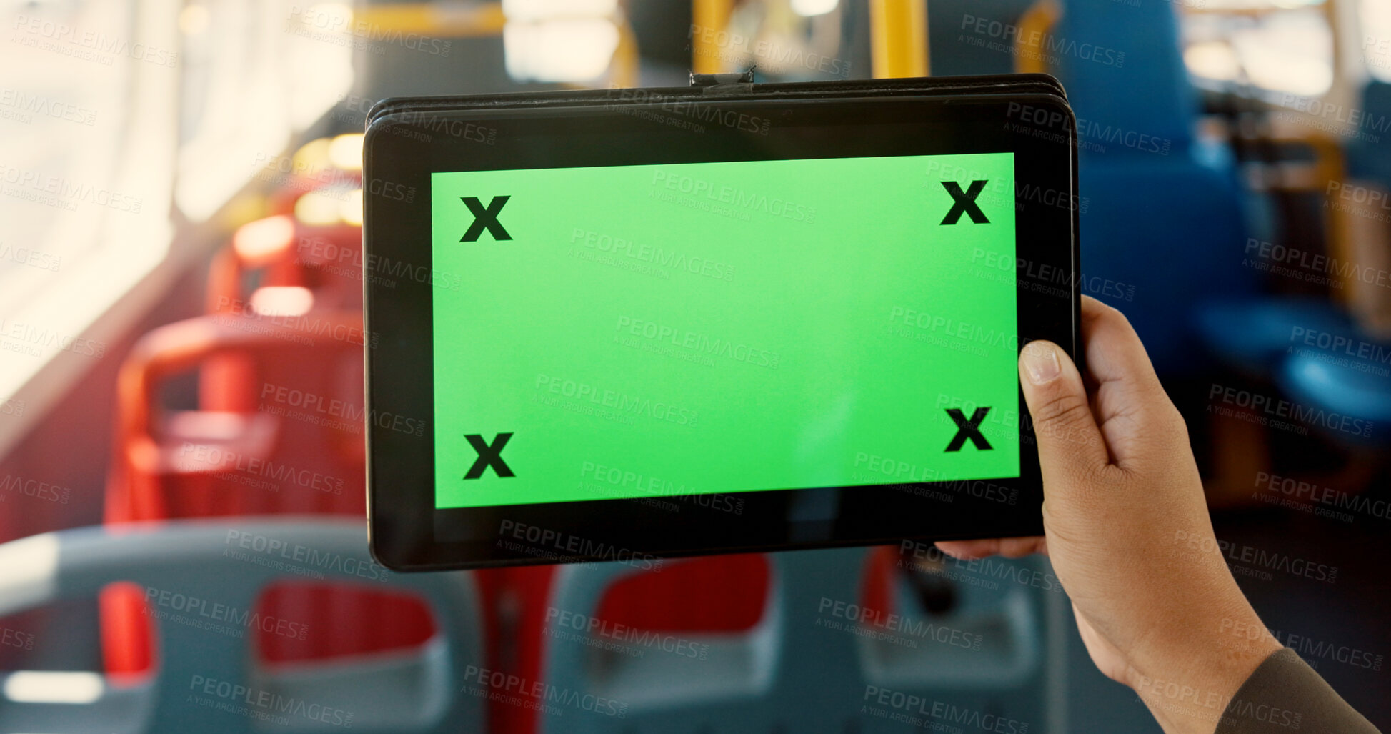 Buy stock photo Hands, person and tablet with green screen in bus, travel and user experience with tracking marker. Passenger, digital touchscreen and ui display on app, mock up space and contact on public transport
