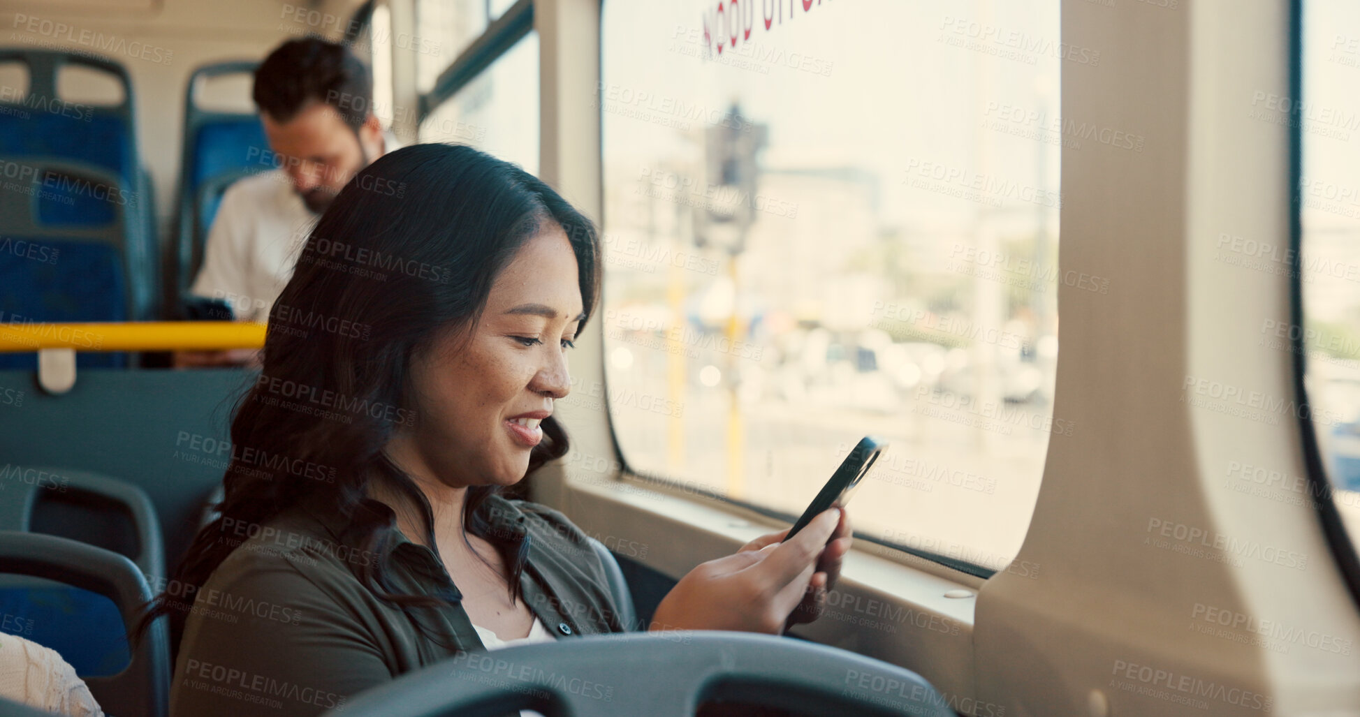 Buy stock photo Business, commute and phone with woman on bus for public transportation to destination or location. App, social media and text message with Asian employee in metro vehicle for city travel or trip