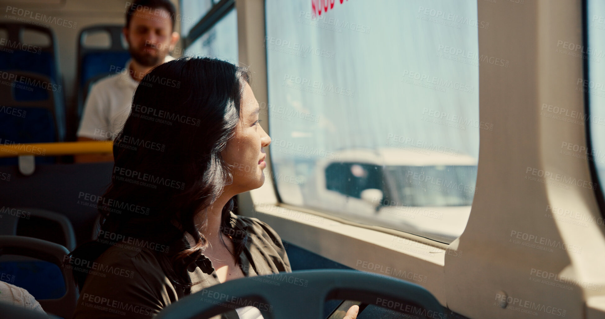Buy stock photo Window, thinking and travel with woman on bus for reflection, journey and adventure trip. Public transportation, vision and tourism with person in tram vehicle for passenger, commuter and destination