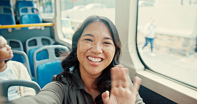 Buy stock photo Bus, selfie and portrait of woman wave in city for journey, morning commute and travel in city. Public transport, passenger and person on video call for social media, contact or hello on trip in town